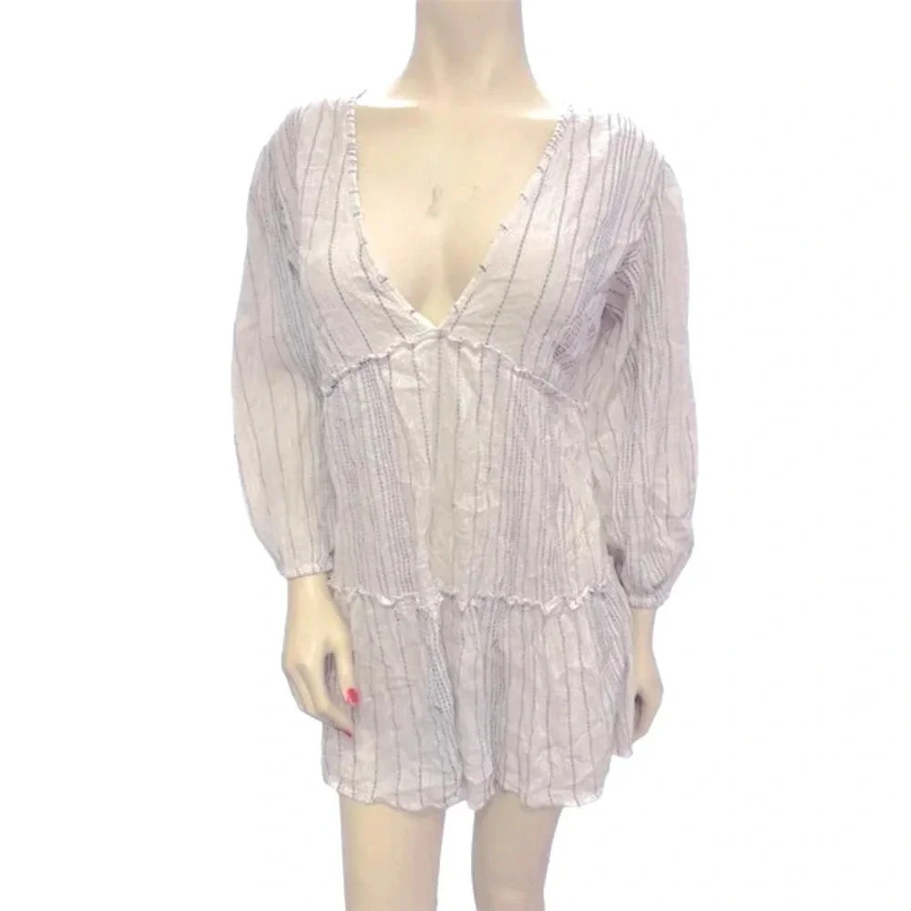 Blue Island Boho Beach Cover-Up Dress White Striped V-Neck Long Sleeve Large